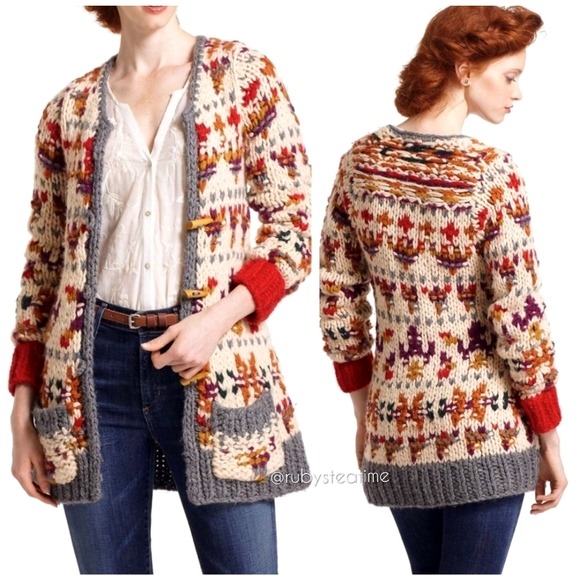Chunky Knit Boho Neo Fairisle Cardigan Sweater, Wooden Toggle Buttons, ANTHRO - Picture 2 of 16